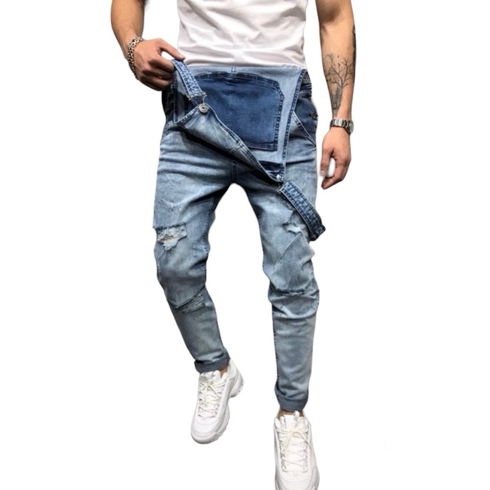 Manfinity Homme Men Cotton Distressed Skinny Leg Denim Overalls